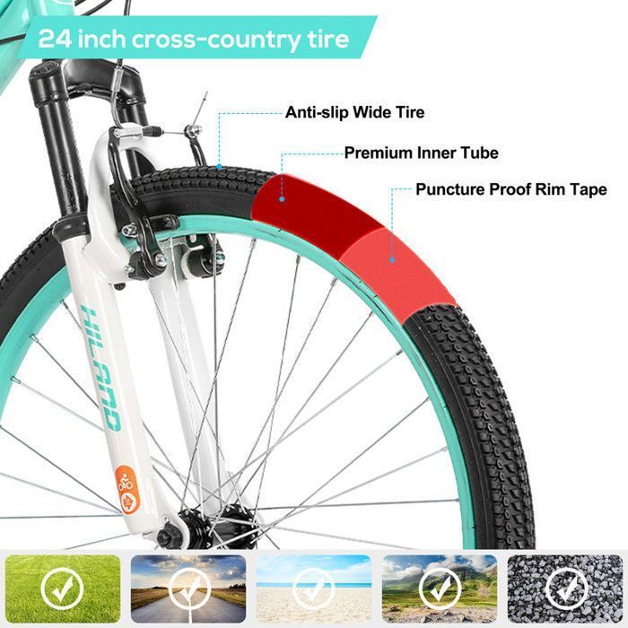 Hiland Vélo enfant 24 pouces, dérailleur Shimano 7 vitesses, VTT unisexe, fourche suspendue, freins V-Brake - Vert