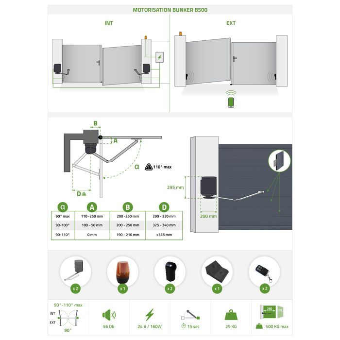 Puerta batiente y kit de motorización - Casanoov - SUNNY - 3 m de altura (145 cm) - Aluminio - Gris antracita / Motorización BUNKER B500