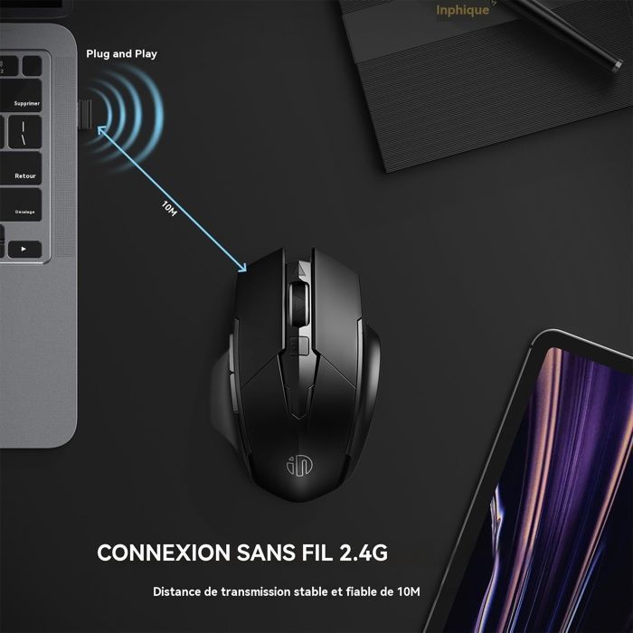 Souris PC sans Fil - KINGCENTON - 2.4G Optique - 6 Boutons - Batterie 500mAh - Noir