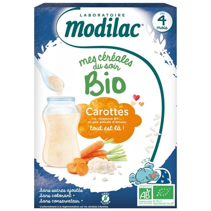 Cereales de noche orgánicos Modilac con arroz y zanahoria, a partir de 4 meses, 250 g