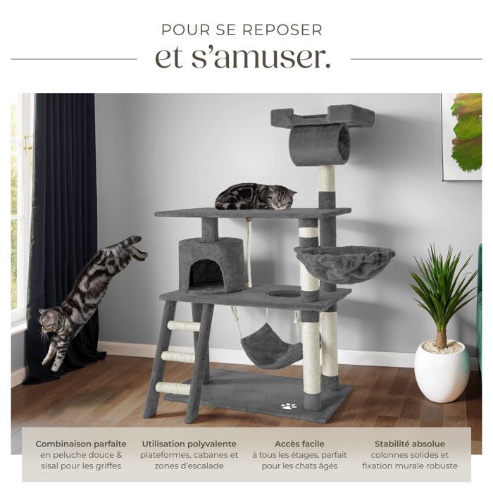 Árbol rascador para gatos - TECTAKE - MARCEL, 141 cm de altura, con cuerda, poste rascador y zonas de descanso - Gris