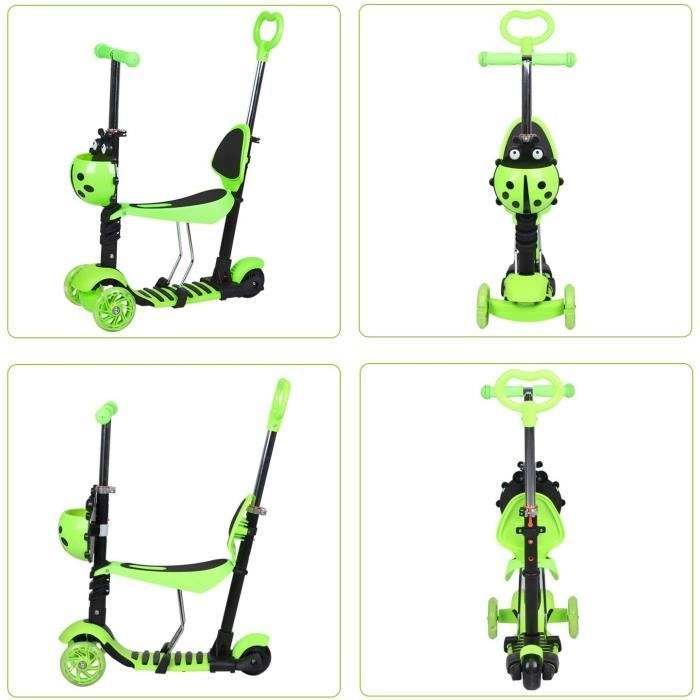Trottinette Vert pour Enfants avec Siège Amovible, Réglable et Poignée de Poussée,Trottinette Légère avec Roues Lumineuses