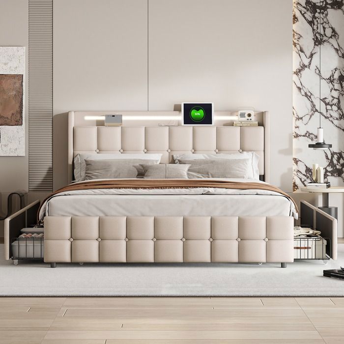 Cama doble LUMINARIX de 180x200 cm - Beige - LED y USB - 4 cajones - Diseño contemporáneo