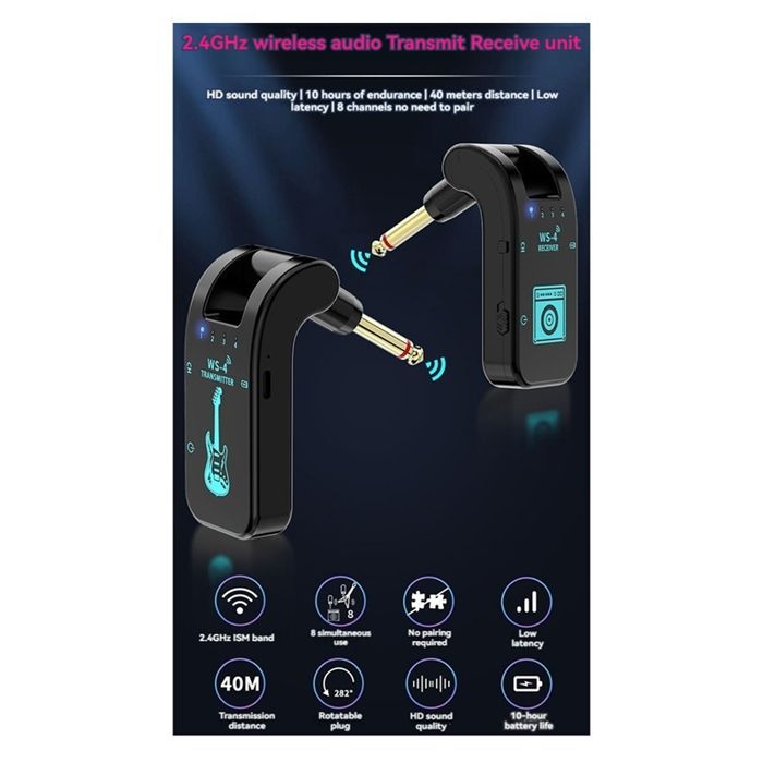 Sistema wireless per chitarra WS-4 2.4G, trasmettitore-ricevitore per chitarra elettrica e basso, trasmissione in tempo reale a 48 kHz/16 bit.