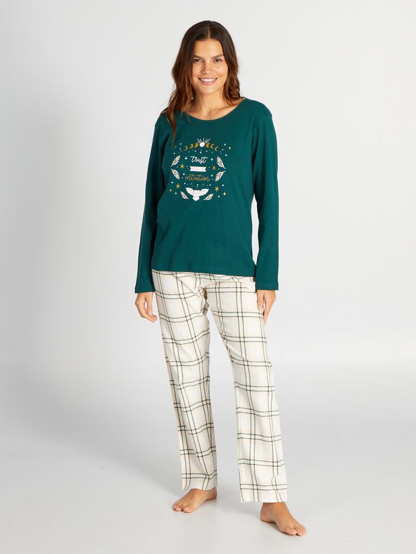 Pijama largo tipo camiseta + pantalón de franela - 2 piezas - VERDE