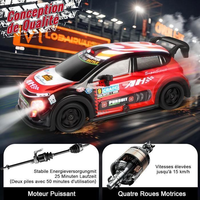 Voiture radiocommandée - LANGTU - 1:22 Mini RC Drift Car - 4WD - LED 7 couleurs - Pneus remplaçables (rouge)