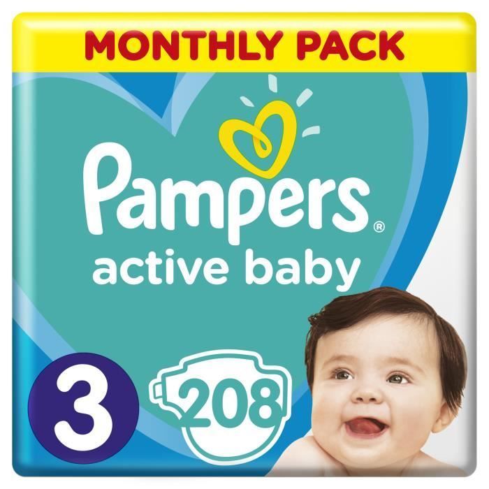 Pampers Couches - Active Baby - Taille 3 - 208 couches - Pack 1 mois