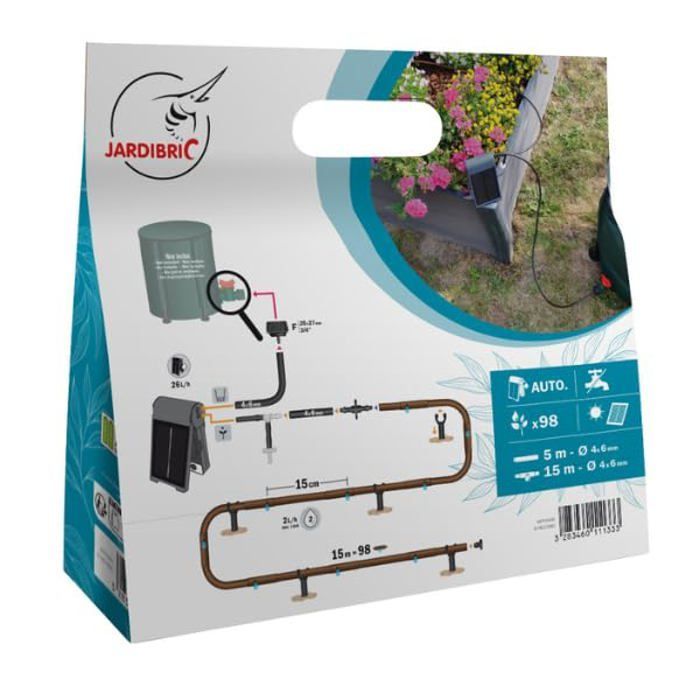 Kit de irrigação por gotejamento solar - Programável - Bomba solar - Sucção vertical de 2 m - Microtubo de 5 m Ø 6 mm