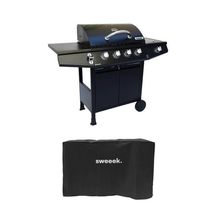 Barbecue gaz 4 brûleurs + 1 feu latéral avec roues, tablettes, thermomètre et housse TREVILLE 4 AVEC HOUSSE
