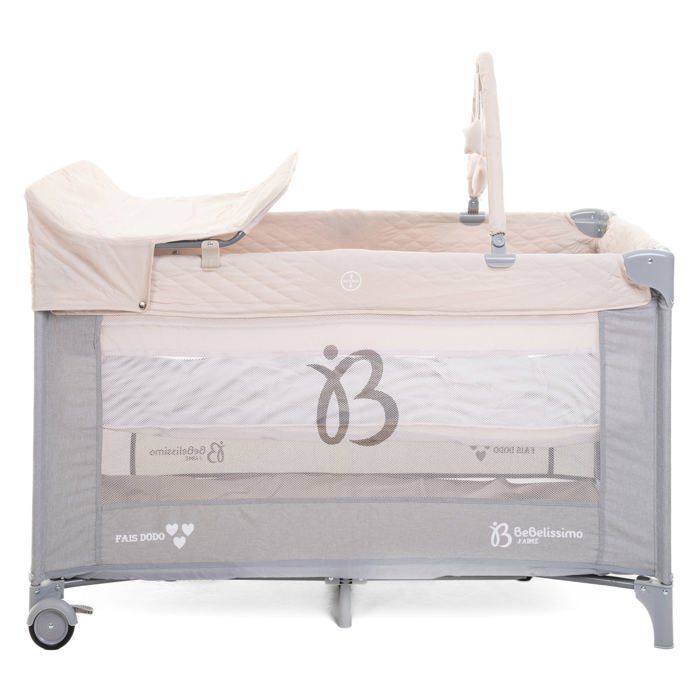 BEBELISSIMO – Reisebett für Babys – Faltbett – ab Geburt – mit Schlaffunktion – Wickeltisch und Spielzeug – beige/grau