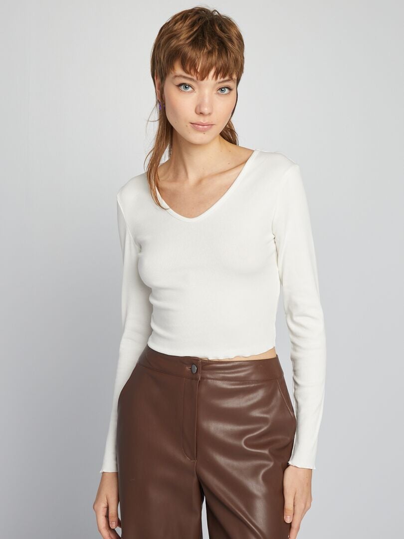 Geribbeld cropped T-shirt - WIT