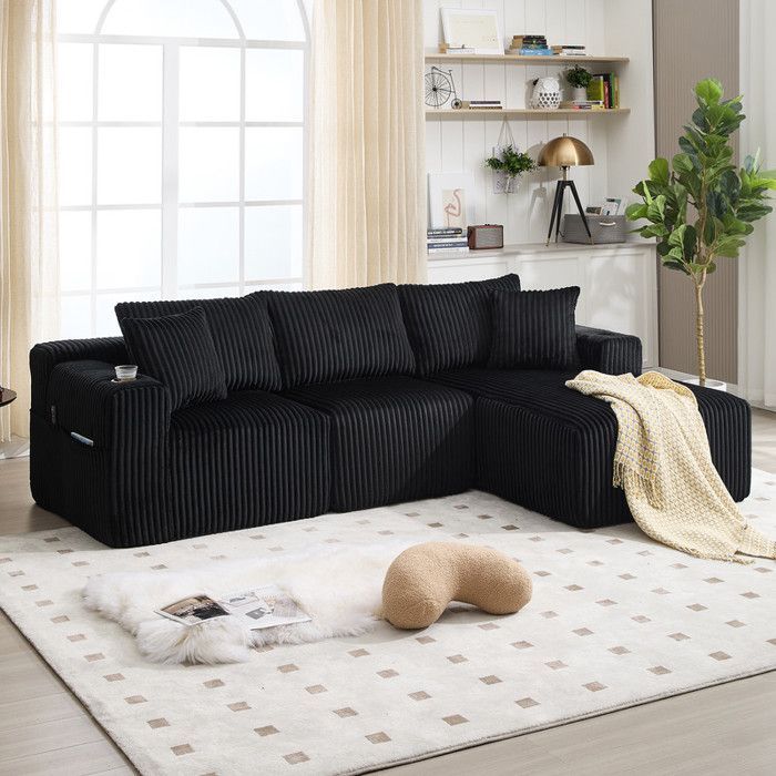 3-Sitzer-Ecksofa, Modulsofa, Cord, 5 Kissen, Seitentaschen und Getränkehalter, schwarz, 257 × 90–160 × 62 cm