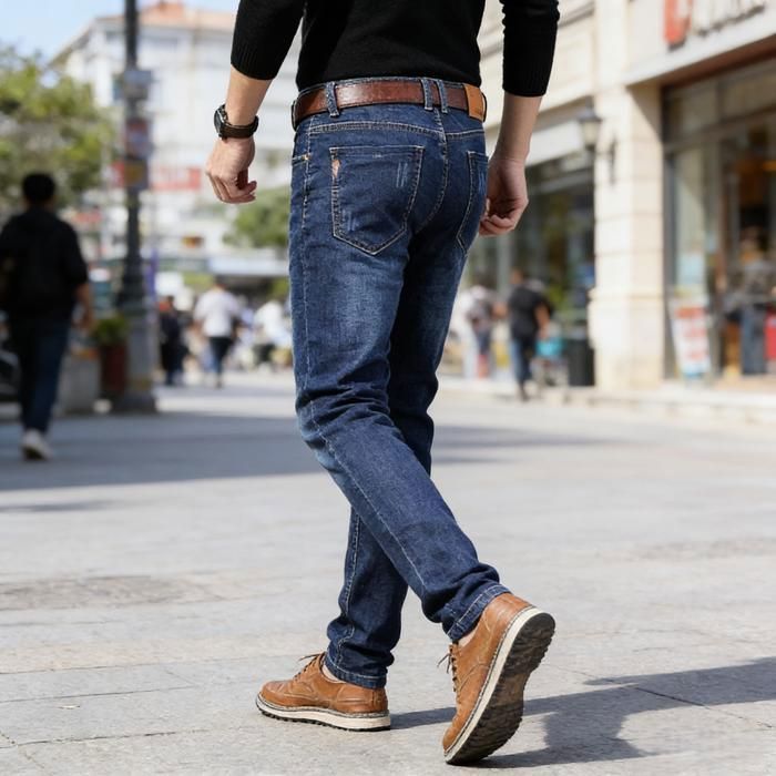 Men's Washed Denim Pants, Fashionable Men's Slim Fit Baggy Jeans, Size 48, Light Blue