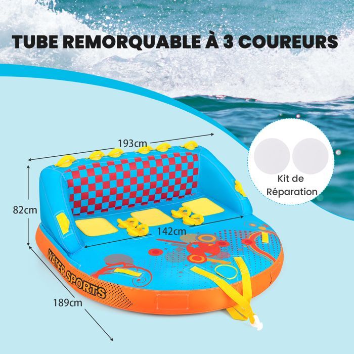GYMAX Towable Pool Tube for 1-3 Persons, 2 Towing Points, Nylon Cover, for Boating and Water Sports