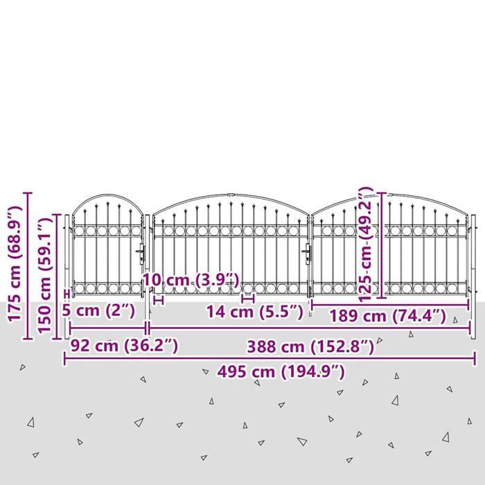 Portail de jardin en acier - vidaXL - Sommet en arc - Gris - 500x125 cm - Verrouillable - 3 poteaux inclus