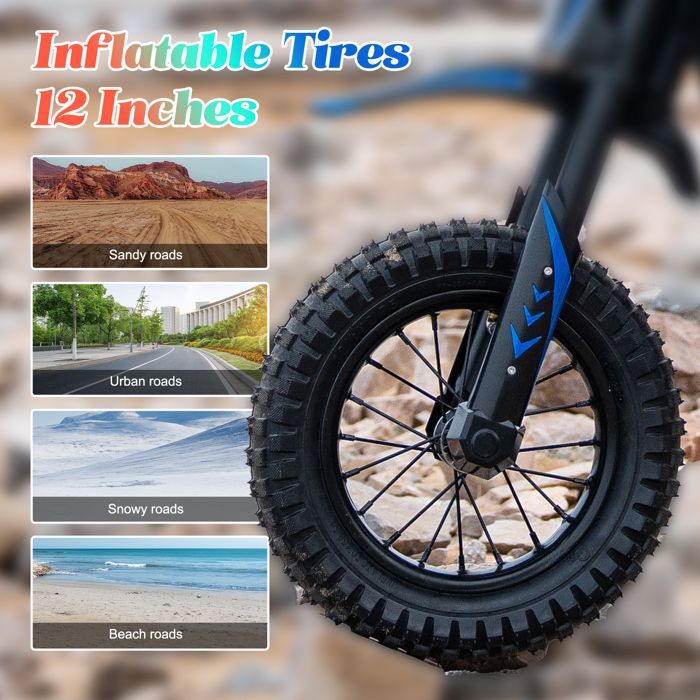 EVERCROSS TECH Blauwe elektrische motorfiets voor kinderen, 350W, 3 versnellingen 8-25 km/u, 12 inch all-terrain banden, actieradius 15 km, geweldig cadeau