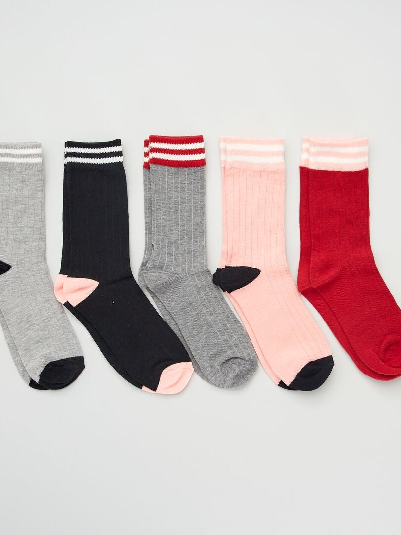Set van 5 paar sokken met contrasterende strepen - ROZE