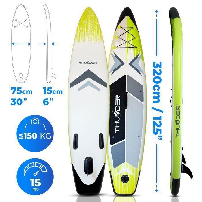 Prancha de Stand Up Paddle Inflável THUNDER® para Turismo | Acessórios Completos | 320 cm | PVC | Estilo VELA | Amarelo, Branco e Preto
