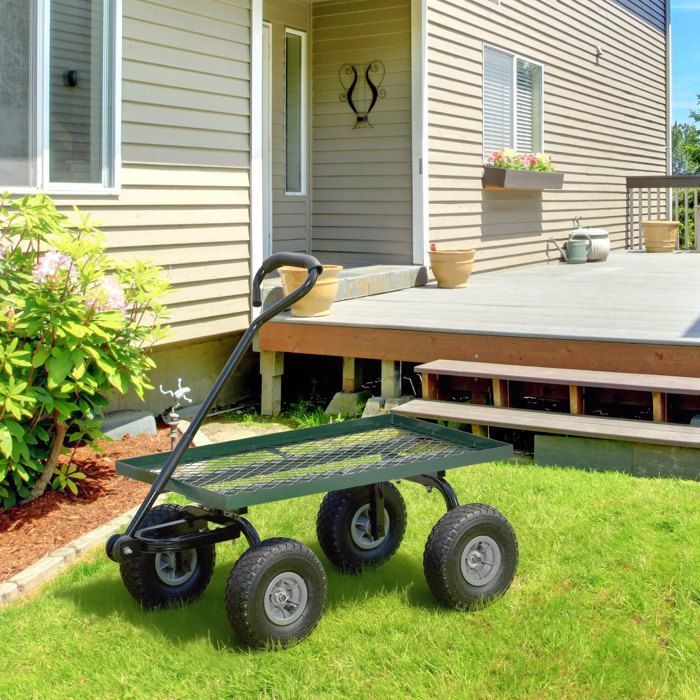 Carro de transporte para jardín - Outsunny - remolque de mano, carro de mano de 4 ruedas, capacidad de carga de 150 kg - metal - 94x48x100cm - verde