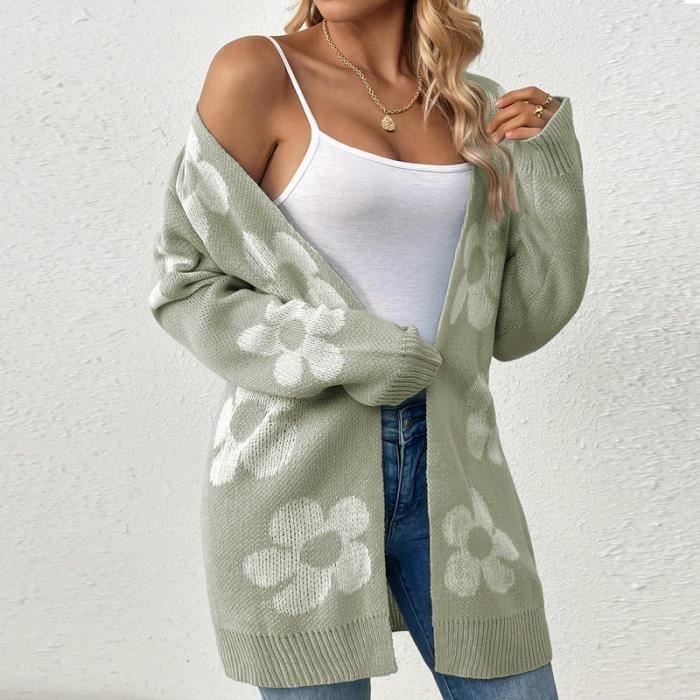 Pull Femme Mi-longues Col en V Imprime Fleurs Manches Longues - Vert clair - INSFITY - Adulte - Casual - Chaud