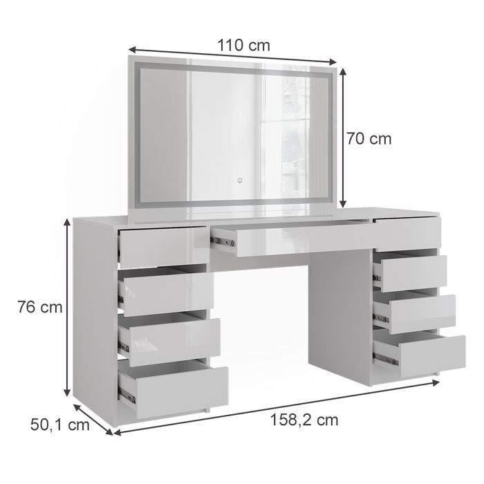 Tocador Sherry de 158,2 cm con espejo LED, blanco/blanco brillante, alto brillo, Vicco 57665