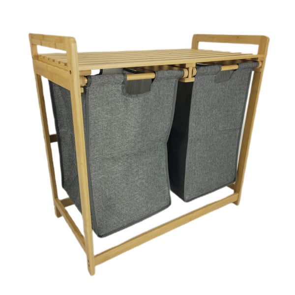 Kosz na pranie bambusowy 2 komory półka organizer szary 68x40x35 | BEGRYF