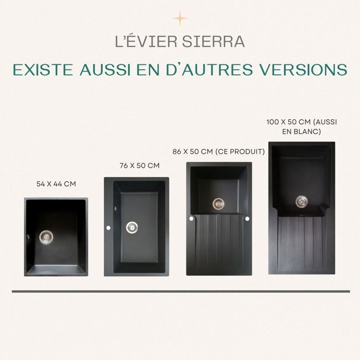 Sierra Évier réversible 1 cuve 1 égouttoir en résine - Noir - Essebagno