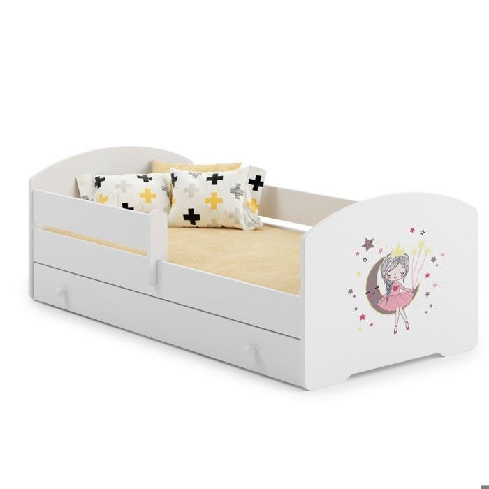 Cama infantil LUK – Blanca, 160 x 80 cm, con barandilla, cajón y colchón – con estampado de princesa durmiendo