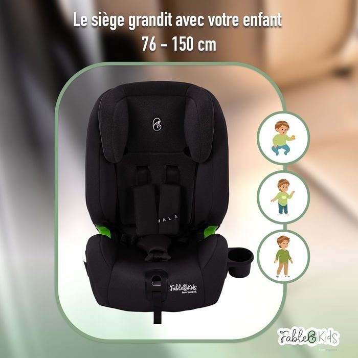 FableKids Siège auto pour enfants avec Isofix | Siège auto | Groupe 1/2/3 9-36 kg | Appuie-tête réglable en 8 positions | Noir