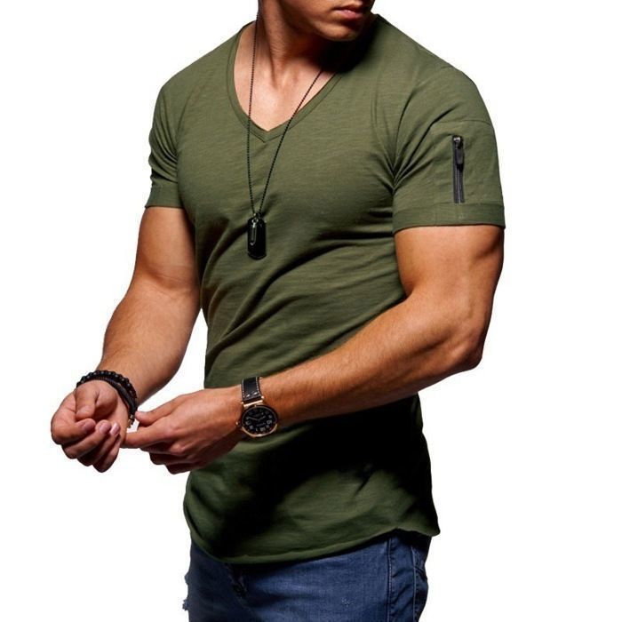Camiseta de hombre, camiseta informal con cuello en V, color liso, tallas grandes - Verde