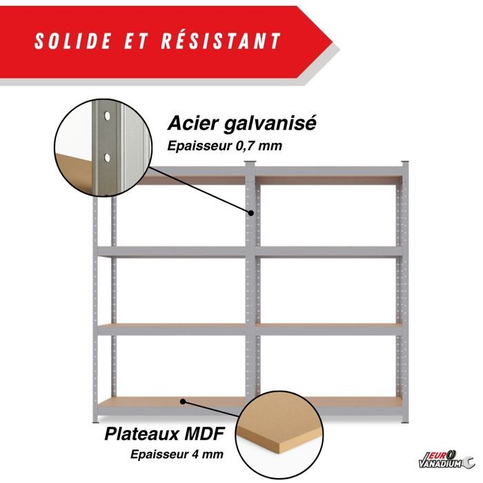 Heavy-duty double workbench shelf, 160 x 160 x 30 cm, Storage shelf - Grey - EURO VANADIUM - 640 kg capacity - 8 shelves