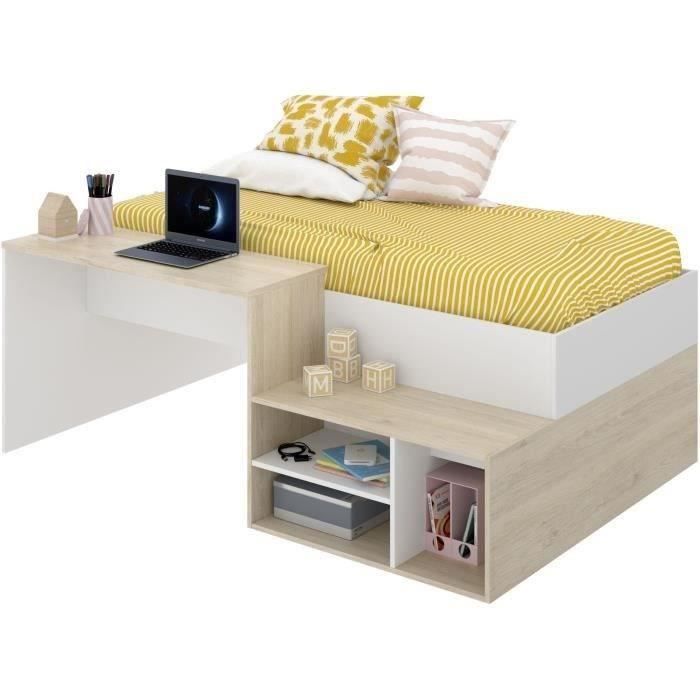 KRIC Children's Combination Bed - Natural Oak and White - Desk and Storage - 90x190 cm