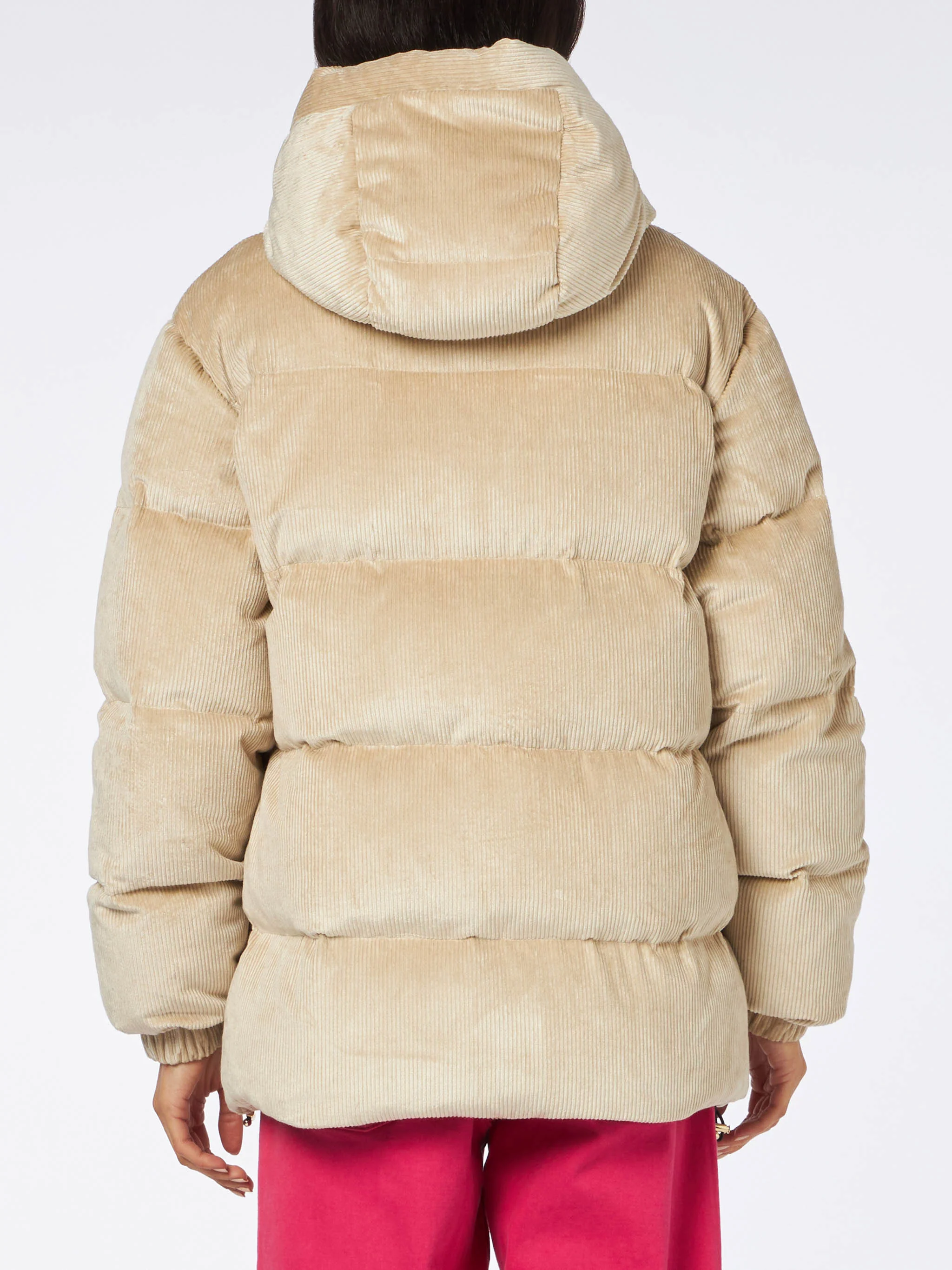 Beige corduroy gewatteerde donsjas voor dames met capuchon