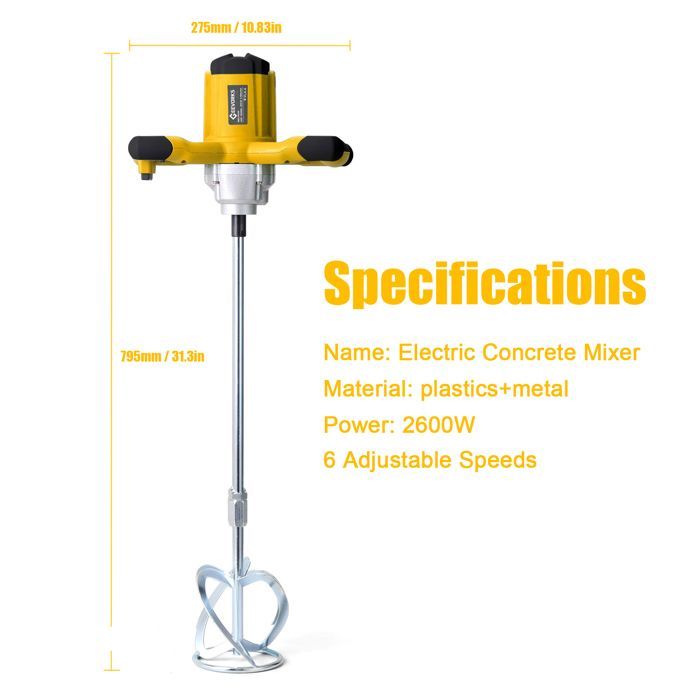 Mezcladora de cemento eléctrica de 2600 W - Shipenophy - 6 velocidades - Portátil - 220 V