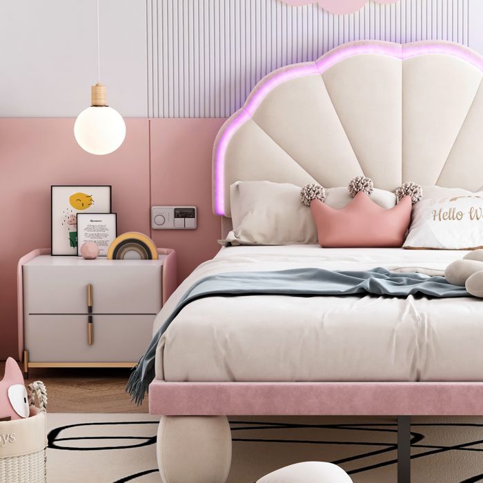 Lit simple - SINGULARITY - Lit rembourré 90x200 cm - Tête de lit festonnée capitonnée - LED multicolore - Velours beige et rose