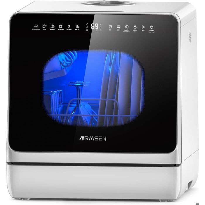 Lavastoviglie mini da tavolo AIRMSEN con 8 programmi, serbatoio del sale, 4 coperti, blocco di sicurezza per bambini, senza collegamento idraulico.