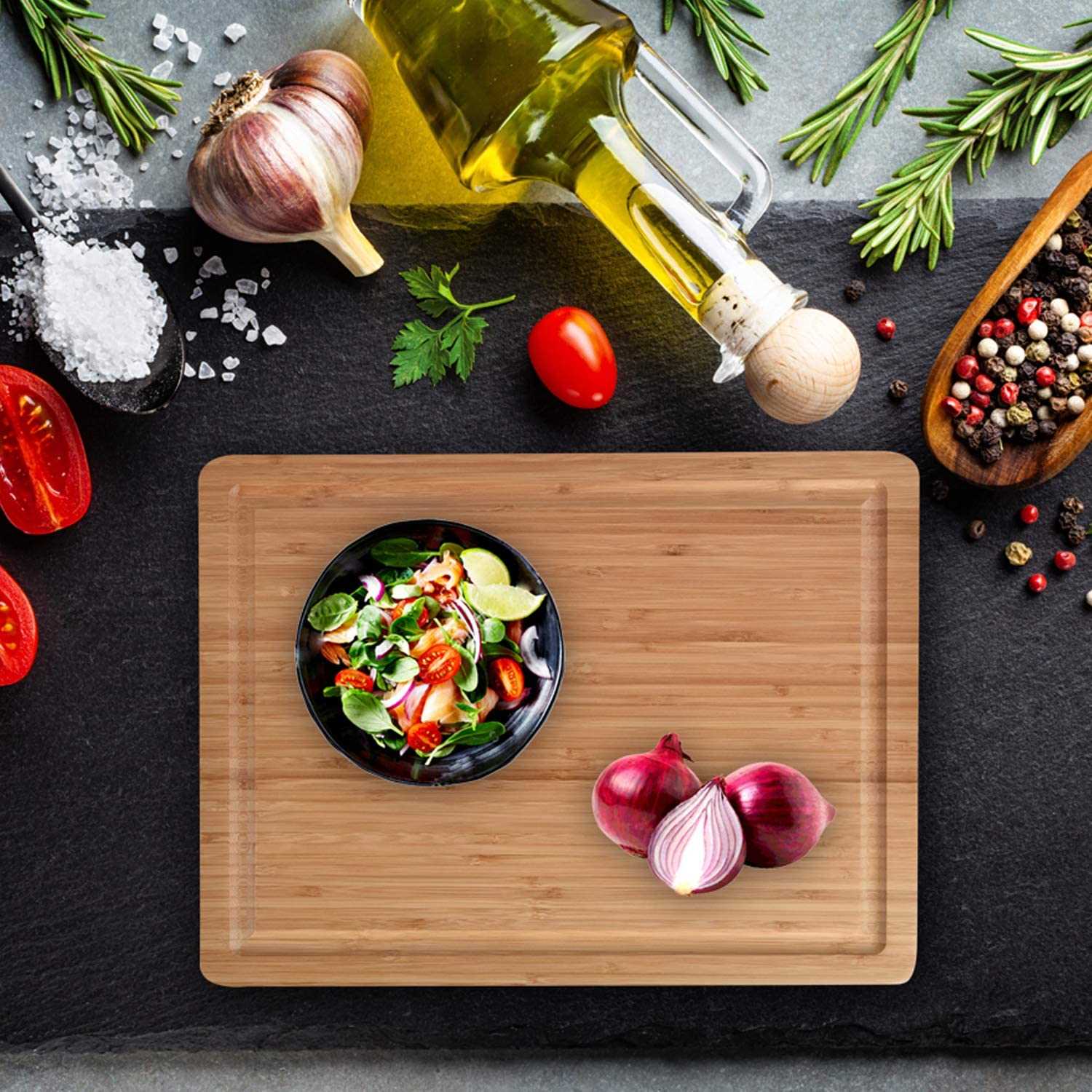 Planche à découper vietnamienne en bambou rainuré pour viande, légumes, fruits et fromage