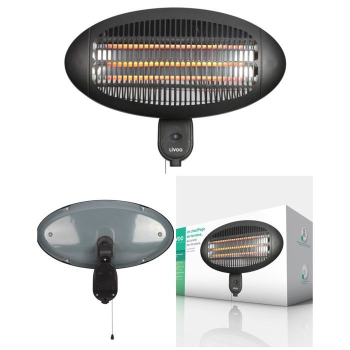 Calefactor de exterior - LIVOO - 2000W - IP34 resistente a salpicaduras - Montaje en pared - Elemento de cuarzo y reflector de acero inoxidable