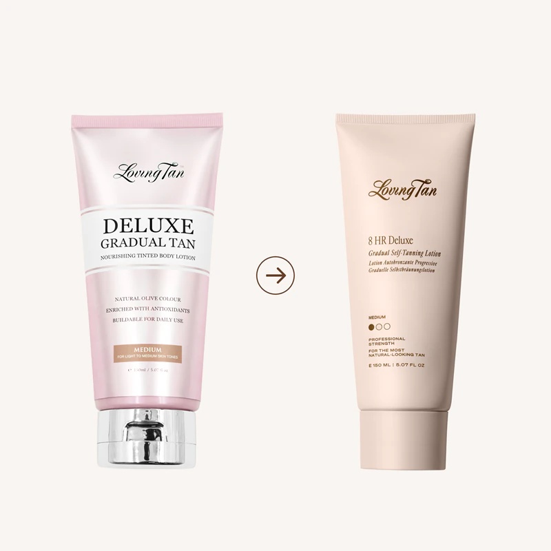 „Loving Tan Deluxe“ laipsniško įdegio maitinamasis kūno losjonas, kuris sustiprina įdegį.