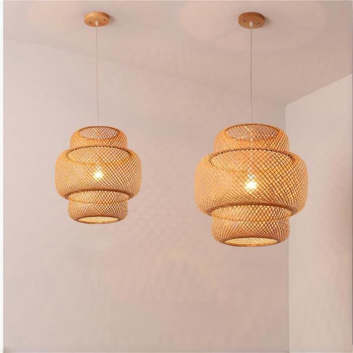 WOTTES Lustre Suspension Luminaire, Suspension Bambou Rotin, Naturel, Ø30*35cm, 1PCS pour Chambre Salle à Manger Cuisine