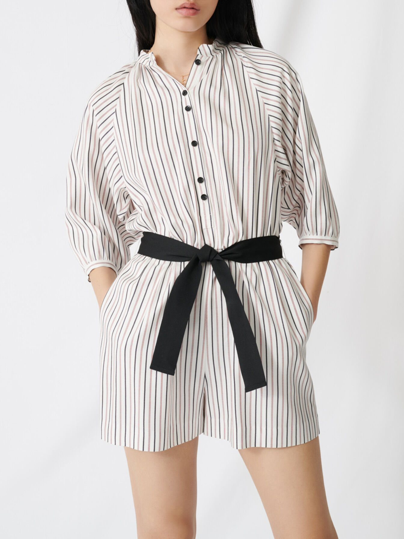 Korte gestreepte jumpsuit met riem - Gebroken wit