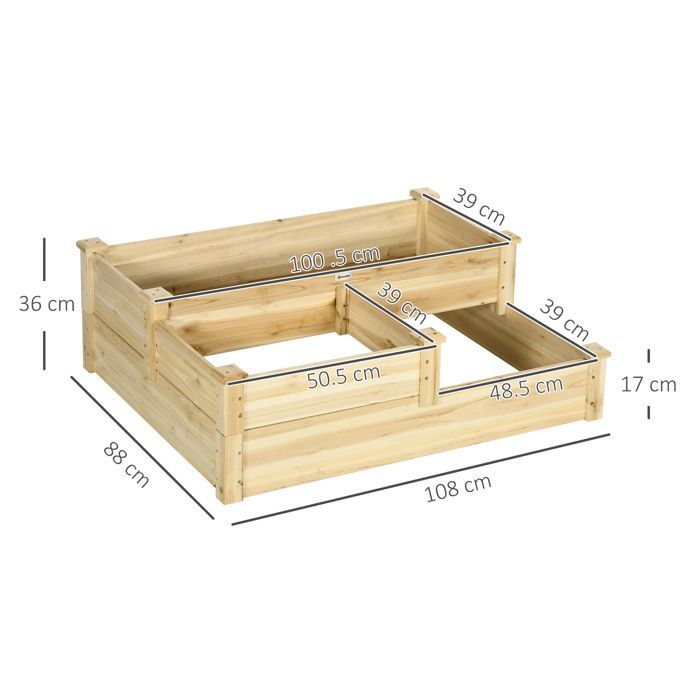 Huerto elevado Outsunny - 3 niveles - zonas independientes - diseño sin fondo - madera maciza - 108 x 88 x 36 cm - madera natural
