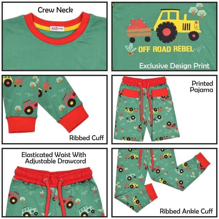 Kinderpyjama's voor meisjes en jongens met tractorprint, contrasterend boven- en onderstuk, nachtkleding voor kinderen van 2-13 jaar - A2 Z 4 KIDS - Groen