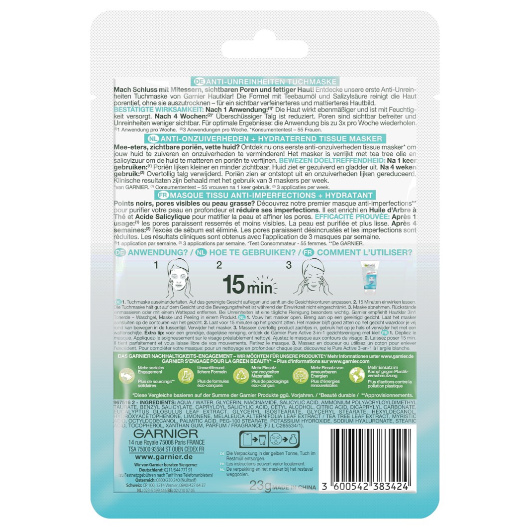 Garnier Masque Tissu Anti-Imperfections BHA + Niacinamide + Huile d'Arbre à Thé