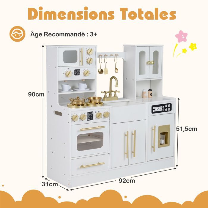Cuisine Enfant COSTWAY en Bois 3Ans+, 12 Accessoires, Lumières et Sons, avecMachine à Glace, Micro-ondes, Machine à Café Blanc