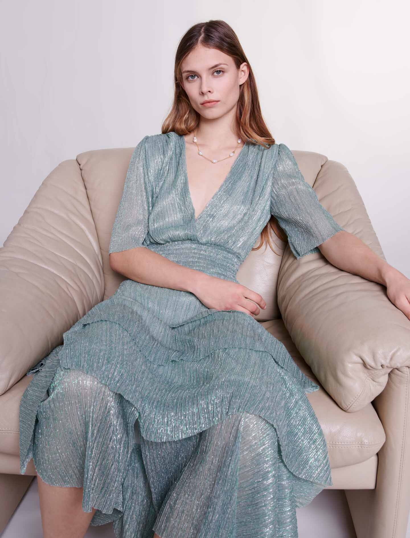 Rochie cu volane elastice din lurex - VERT ARGENTE