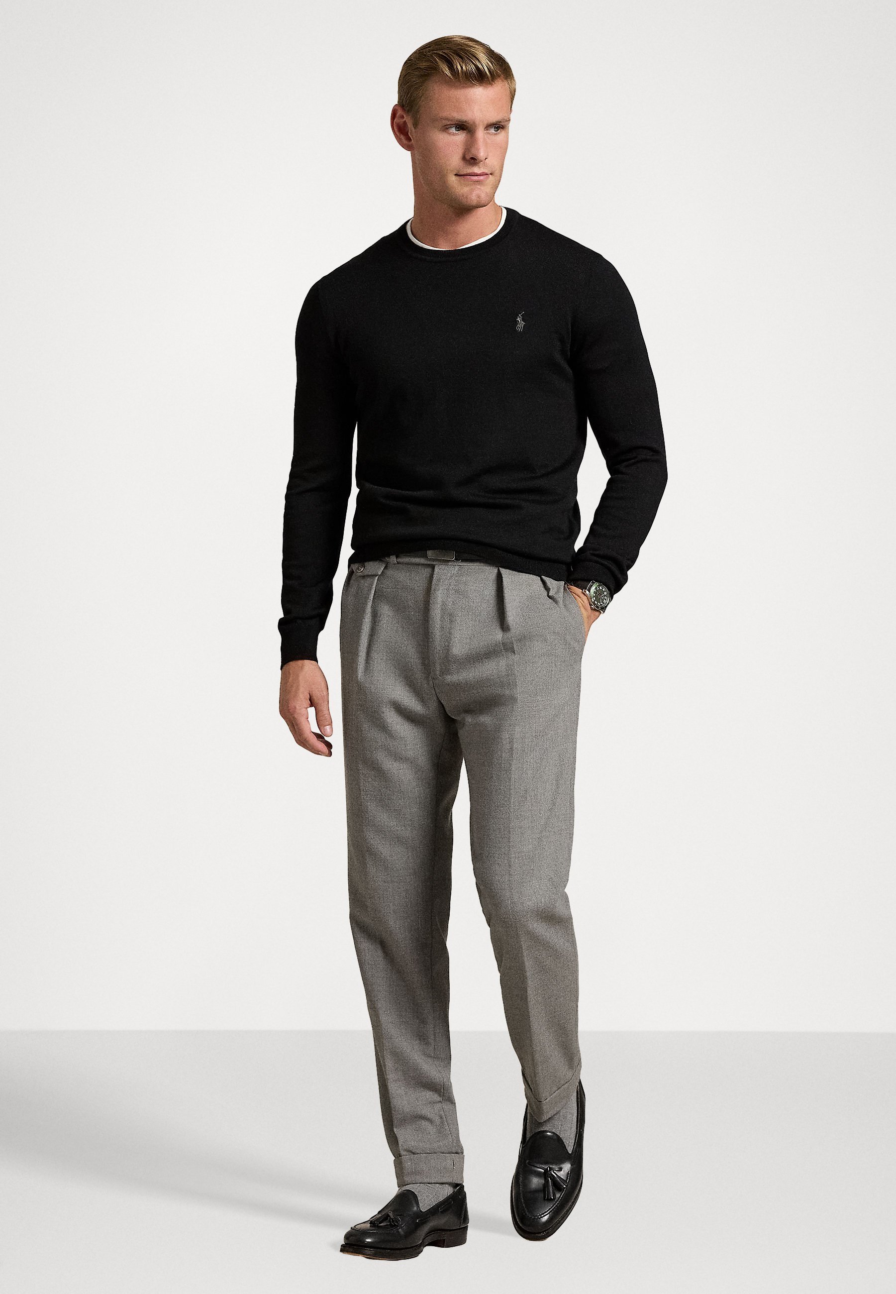 Pull Polo Ralph Lauren coupe slim en laine lavable à col rond - Noir