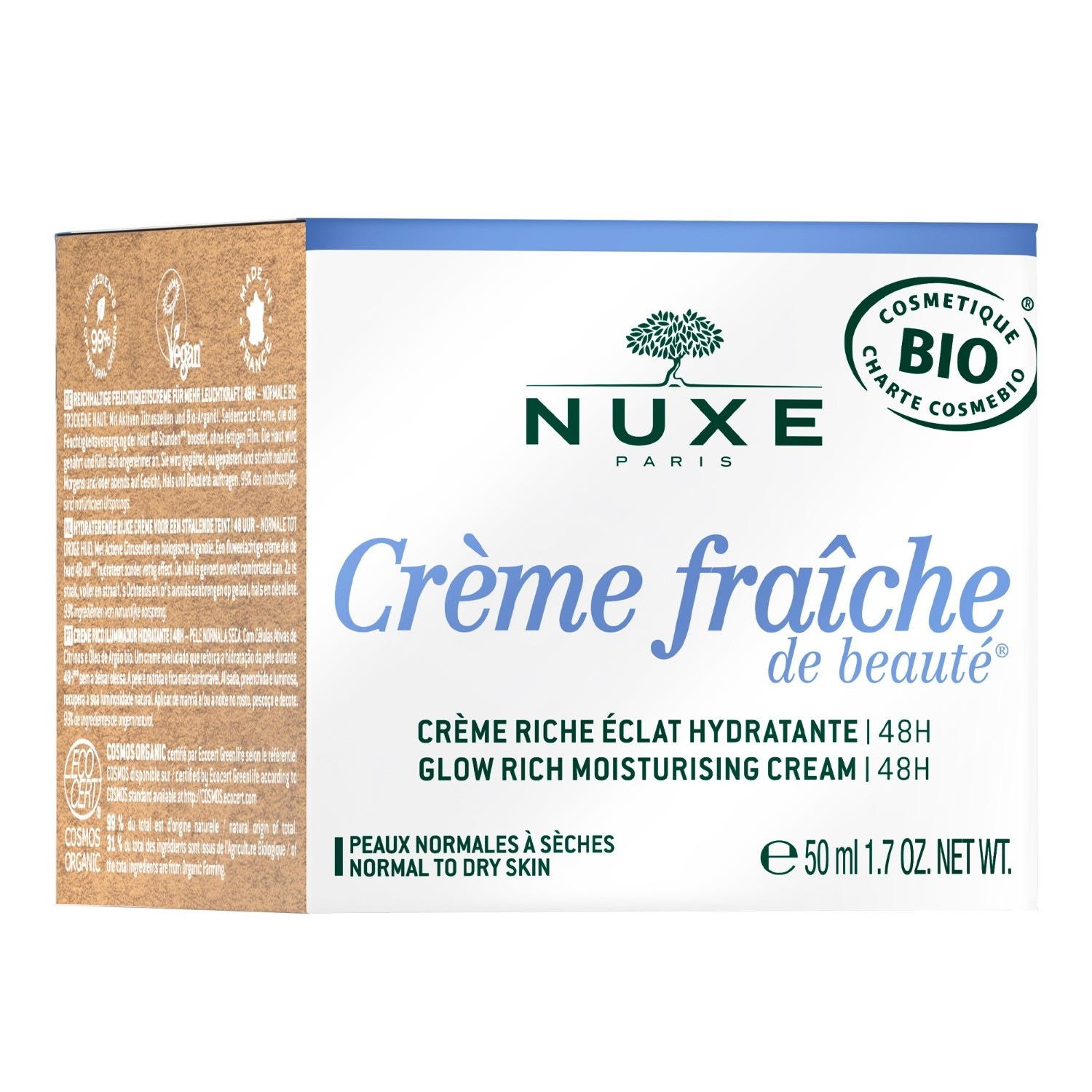 NUXE Crème Riche Éclat Hydratante 48H, Certifiée Bio