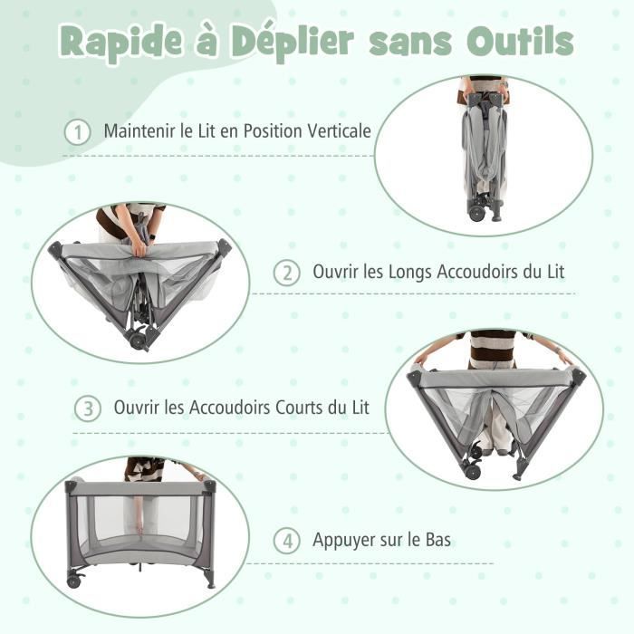DREAMADE 5-in-1 Foldable Baby Travel Cot with Changing Table, Mattress, Removable Bassinet, Wheels with Brakes, 0-3 Years, Grey