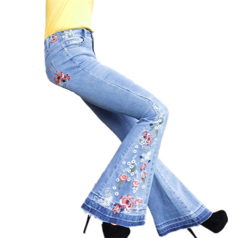 Pantaloni da donna a gamba larga, jeans a zampa, ricami vintage floreali, vita alta elasticizzata, skinny, jeans blu da ragazza, palazzo